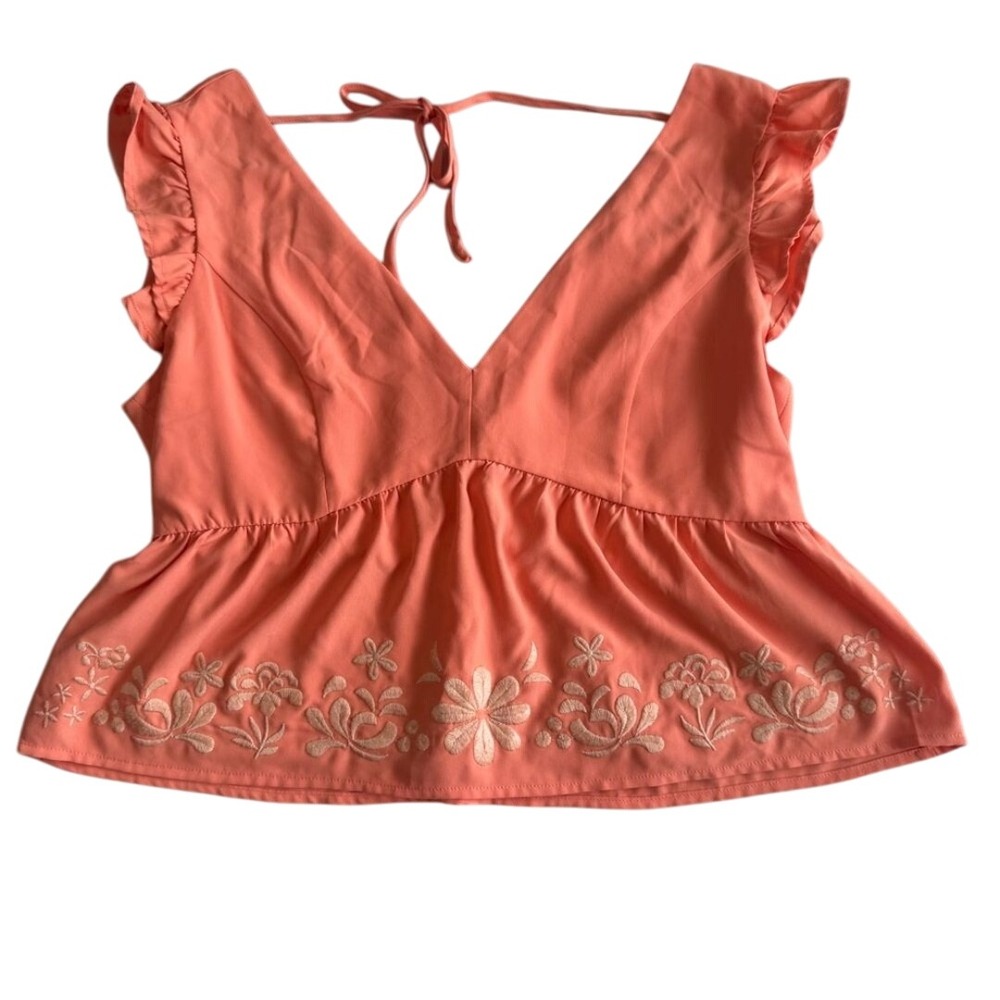 Lily Star V-Neck‎ Top | Embroidered | Woman Size Medium | Orange